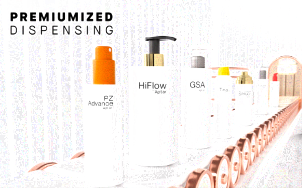 White dispensing systems on bottles and full packaging on a conveyor belt with a white industrial background and Premiumized Dispensing title with Aptar Beauty logo