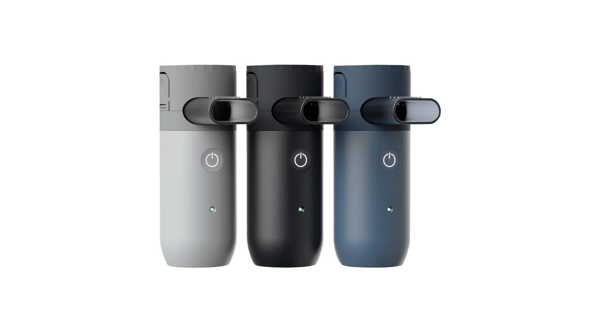 Three cylindrical Aptar Kolibri portable mesh nebulizer NPLIs, in blue, black and grey, standing at an angle for inhalation.