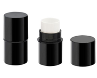 Two black cosmetic sticks: one with the cap on and one with a white inner stick exposed. The containers have a sleek design, suitable for packaging solid formulas.