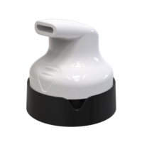 Close-up of a white plastic aerosol actuator with a black collar, designed for luxury beauty dispensing and shown against a plain white background.