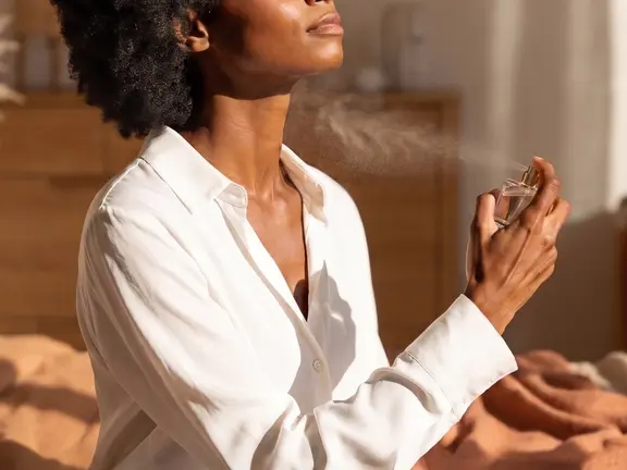 A picture of a women wearing a white sitting at home in warming lighting spraying herself with perfume.
