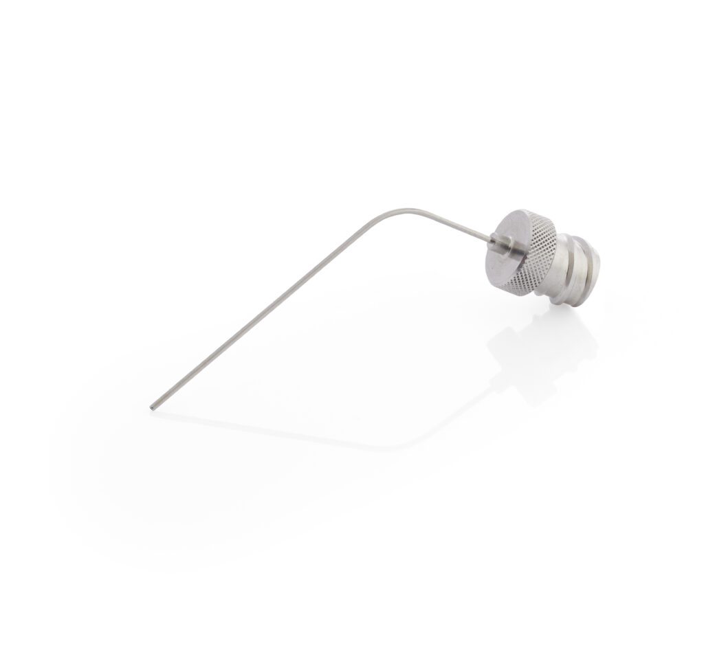 Aptar Fine Mist Sprayer curved stainless steel aerosolizer designed for delivering mist to the lungs of mice.