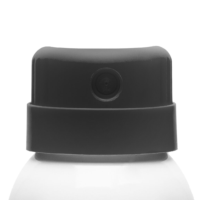 Close-up of the top of a premium twist to lock aerosol labeled Markus with a black nozzle and a white body, photographed against a plain white background.