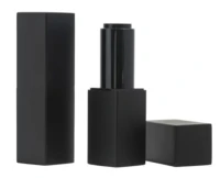 Two black rectangular lipstick tubes are shown, one with the cap removed revealing the lipstick, and the other with the cap on. A separate cap is lying beside them on a white background.
