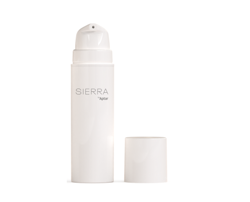 A white cylindrical pump bottle labeled SIERRA by Aptar stands upright with its matching cap placed next to it on a plain white background, showcasing adaptable airless packaging.