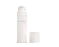 A white cylindrical pump bottle labeled SIERRA by Aptar stands upright with its matching cap placed next to it on a plain white background, showcasing adaptable airless packaging.