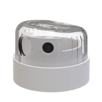 A close-up of Aptar Beauty’s Apollo dual-spray aerosol actuator in white, shown with a clear overcap. The actuator is displayed on a plain white background, highlighting its minimalist design.