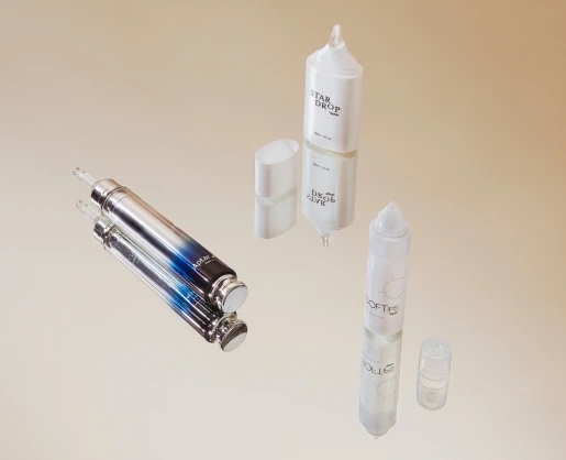 Aptar Beauty's Serumony airless dropper is shown alongside Stardrop and Softips, highlighting innovative dispensing formats against a soft beige background.
