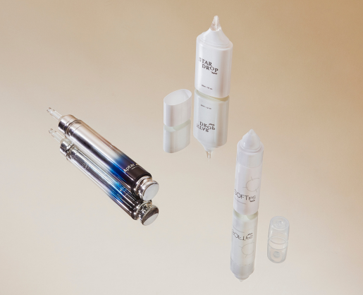 Aptar Beauty's Serumony airless dropper is shown alongside Stardrop and Softips, highlighting innovative dispensing formats against a soft beige background.