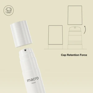A white bottle labeled macro Aptar with its cap removed is shown. To the right, a simple diagram illustrates the cap being lifted off, highlighting Cap Retention Force in modern omnichannel packaging solutions.