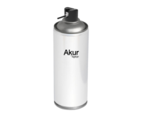 A silver and white white aerosol spray can with a black aerosol actuator with built in tube and the words Akur by Aptar printed on the front. The can features a metallic top and bottom.