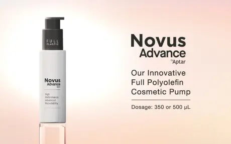 Medium white bottle with a black Recyclable Cosmetic Pump, labeled Novus Advance by Aptar. The bottle features the text High Performance. Advanced Recyclability. and FULL PLASTIC on the pump, standing upright on a clear base against a soft, gradient pastel background.