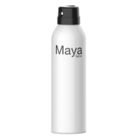 A white spray can with a premium and customizable aerosol actuator and the word Maya printed on the front in large letters.The bottle stands upright against a white background.