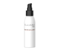 A white bottle with a black, low output cosmetic pump dispenser labeled EuroMist Cardinal Lotion by Aptar on the front. The design is minimalistic with black and red text on a plain background.