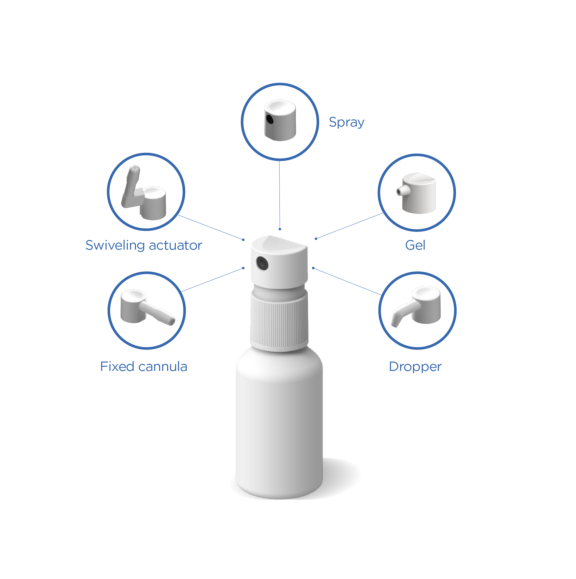 White plastic VP6 or Classic line oral dispensing system with range of fixed or swiveling cannula actuators.