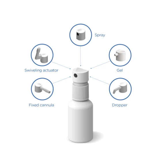 White plastic VP6 or Classic line oral dispensing system with range of fixed or swiveling cannula actuators.