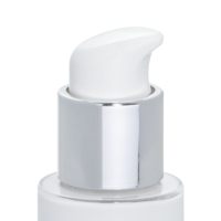 A close-up view of a chic and premium cosmetic pump named Evolux with a shiny silver collar, attached to a clear bottle. The background is plain white.