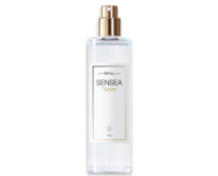 A clear plastic spray bottle with a gold high quality prestige fragrance pump and labeled SENSEA by Aptar in black and gold text, containing 100 ml of liquid.