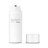 A white cylindrical bottle with a pump dispenser, labeled eden slim by Aptar, stands upright next to a clear, round cap on its side. This airless packaging for skincare sits against a plain white background.