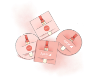 Four pink and red cosmetic product packages two circular and two square are arranged on a soft pink blurred background, showcasing Aptar’s Easy Cap fragrance sampling solution with Twist and Dab Applicator