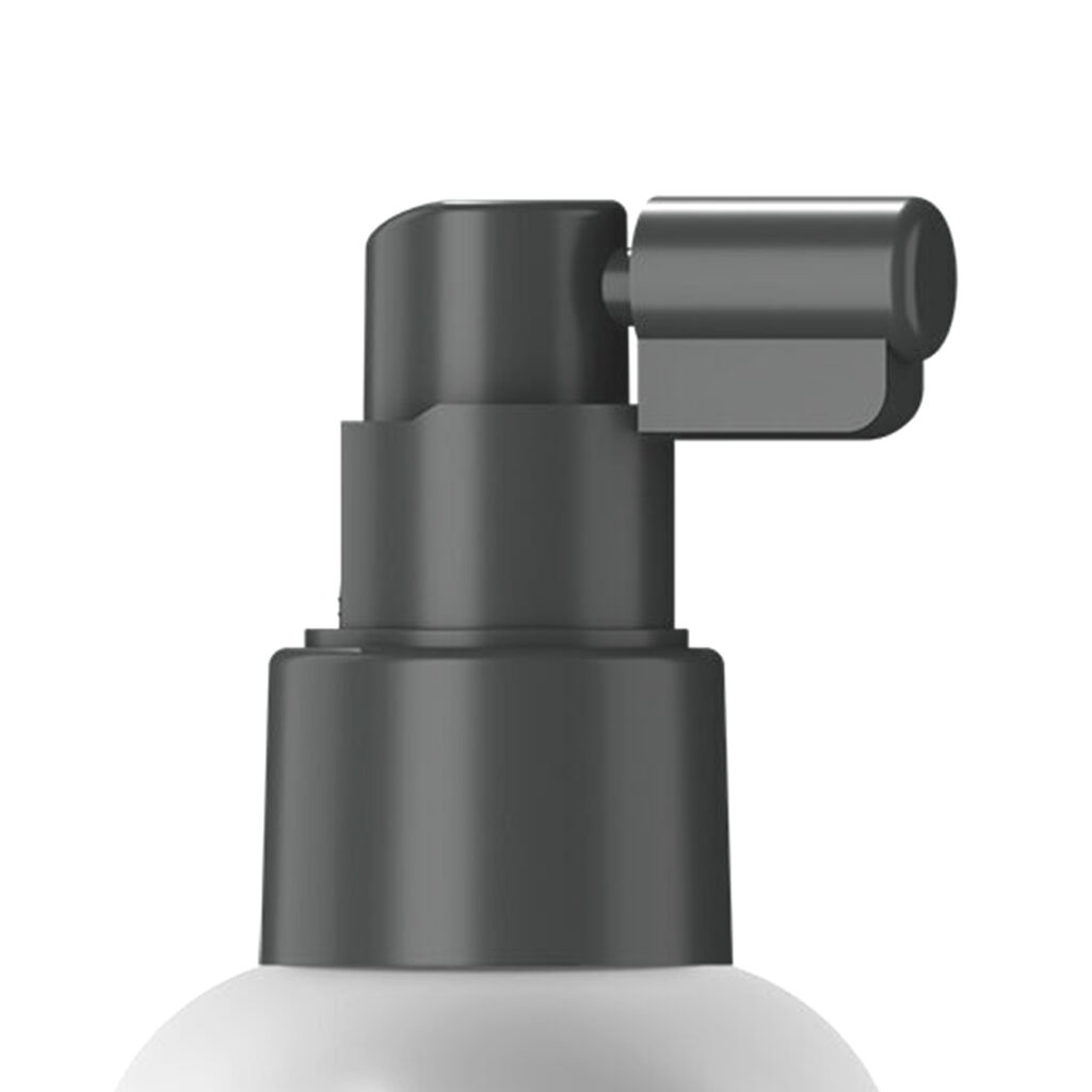 Close-up of a black spray pump with nozzle named PZ Nozzler on top of a white bottle, shown against a plain white background. The pump is in a locked position with a small horizontal tab at the top.
