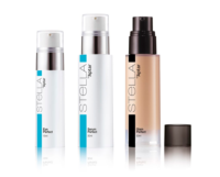 Three STELLA sleek bottles, each with a versatile airless dispenser, stand upright on a white background:They are labeled Eye Perfect, Serum Perfect, and Glam Perfect. One bottle cap is off, placed beside the third bottle.