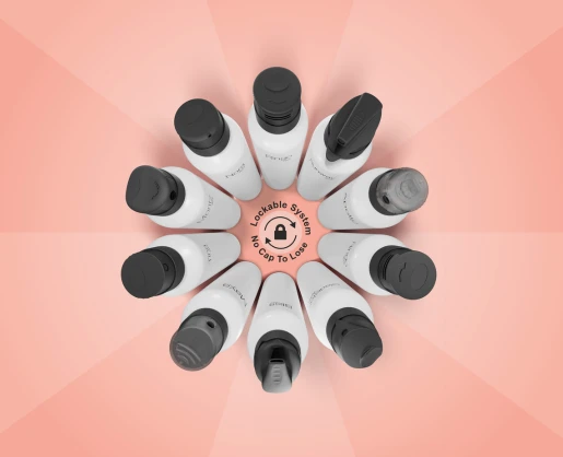 Ten white bottles with black aerosol actuator caps are arranged in a circle on a peach background. At the center, a label reads 'Lockable System, No Cap To Lose' with a rotating lock icon, indicating the aerosol packaging has twist-to-lock packaging functionality.