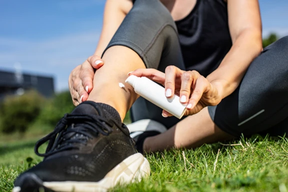 Woman athlete in black clothes seated on green grass dispenses white cream from Apar Pharma Airless+ dispenser on leg.