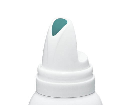 Close-up of the white Inverted Actuator for Foaming Formulas named S18, with a teal oval-shaped button on top, set against a plain white background.