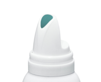 Close-up of the white Inverted Actuator for Foaming Formulas named S18, with a teal oval-shaped button on top, set against a plain white background.