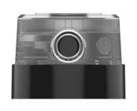 Close-up of a clear plastic and black premium and customizable aerosol actuator named Maya.