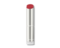 A silver lipstick tube featuring a Guided Lipstick Mechanism stands upright with its cap removed, revealing a red lipstick bullet against a white background, part of the Stylist Guided Lipstick Mechanism collection.