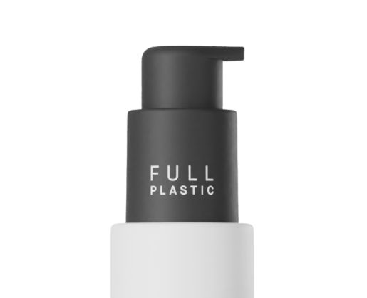 Black dispensing pump with FULL PLASTIC written on it on a white background.