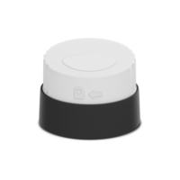 Close-up of Tina, a white twist-to-lock aerosol actuator for spray with a black collar, featuring an embossed lock symbol and arrow on the side.