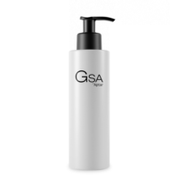 A white cylindrical bottle with a black dispensing pump featuring a metal-free pathway and the text GSA Aptar printed on the front. The bottle is plain and photographed against a white background.