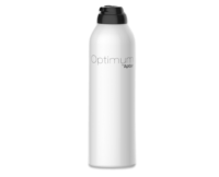 A tall, white aerosol spray can with a black actuator. The words Optimum and by Aptar are printed on the front in simple grey font. The shape of the nozzle indiciates Optimum is an Aerosol Actuator for Foam and Gel products.