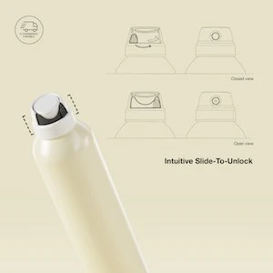 A cream-colored spray bottle with a black and white nozzle is shown, highlighting omnichannel packaging. Diagrams illustrate how to slide and press the nozzle to unlock and spray, featuring closed and open views. Text reads: 