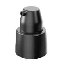 Close-up of PAV/U, a black plastic low-dose twist-to-lock cosmetic pump with an A17 actuator, set against a white background. The cylindrical nozzle features a rounded top and a wider base.