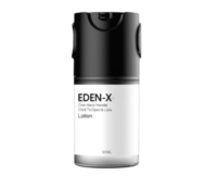 A black and white bottle with an EDEN-X label that features lockable, versatile airless packaging with a one-hand handle and a click-to-open and lock function. The 50 ml bottle boasts a modern, minimalist design perfect for on-the-go use.