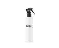 A white spray bottle with a black, ergonomic Mini Trigger Spray pump nozzle, labeled MTS by Aptar, stands upright against a plain white background.