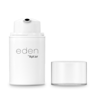 A white cylindrical bottle labeled eden by Aptar features a pump dispenser and a clear, removable cap beside it, showcasing airless packaging for skincare against a white background.