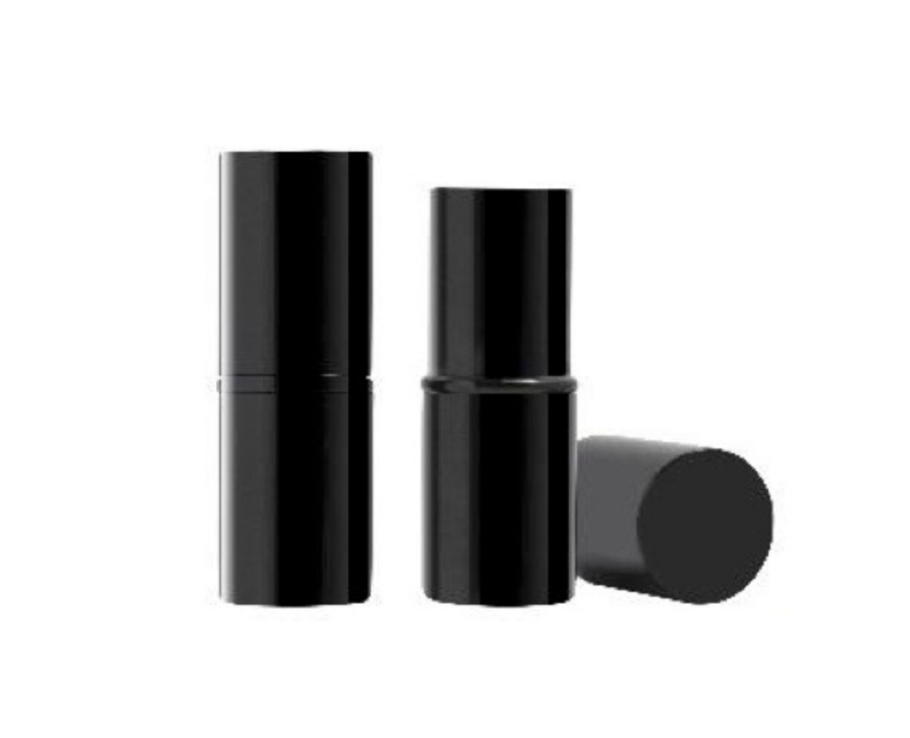 A black non guided lipstick mini packaging from Aptar Beauty is shown on a white background. One unit is open, revealing a blacklipstick bullet, while the other is closed, displaying the compact and minimalist exterior.