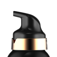 Close-up of a black aerosol actuator with a shiny gold band around the neck, showcasing luxury beauty dispensing named Bliss, set against a plain white background.