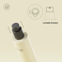 A cream-colored bottle with a black lockable pump actuator is shown, featuring technical line drawings that detail the locking mechanism-ideal for omnichannel packaging. The text Lockable Actuator appears next to the diagrams.