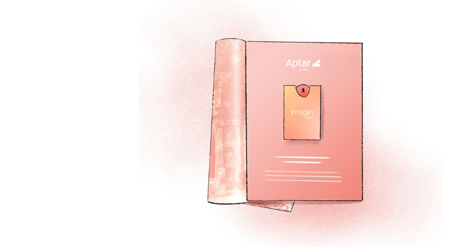 An open magazine features a pink page with the Aptar logo and a small fold-out card labeled Imagin showcasing ultra-flat fragrance sampling, set against a white background with a soft pink gradient.