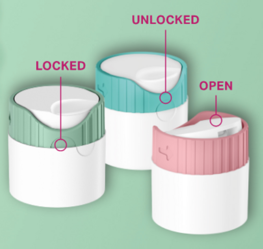 An infographic of Aptar's Future Disc Top dispensing closure showing its locked vs. unlocked positions