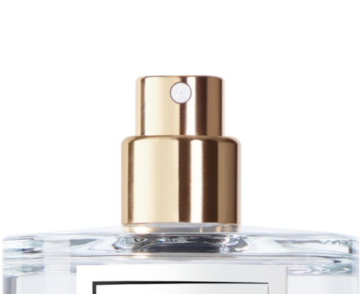Close-up of VP4, a gold high-performing fragrance pump on a clear bottle, set against a white background.