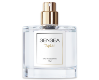 A clear glass perfume bottle features a gold High Quality Prestige Fragrance Pump and a white label that reads SENSEA by Aptar, EAU DE COLOGNE, 100ml.