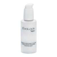 A white plastic pump bottle labeled EvoLock by Aptar, featuring a twist-to-lock cosmetic pump, that dispenses a wide range of viscosities and offers metal-free options