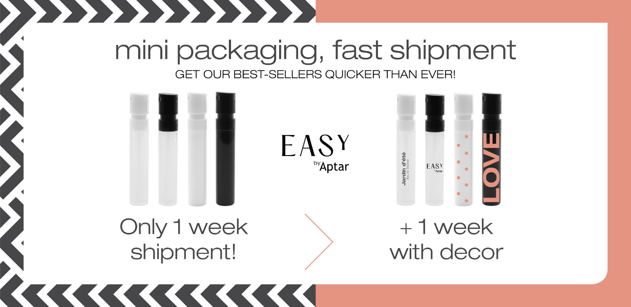 Promo image showing sample mini vials for fragrance sampling labeled Easy Spray with text: mini packaging, fast shipment. Plain vials ship in 1 week in EMEA